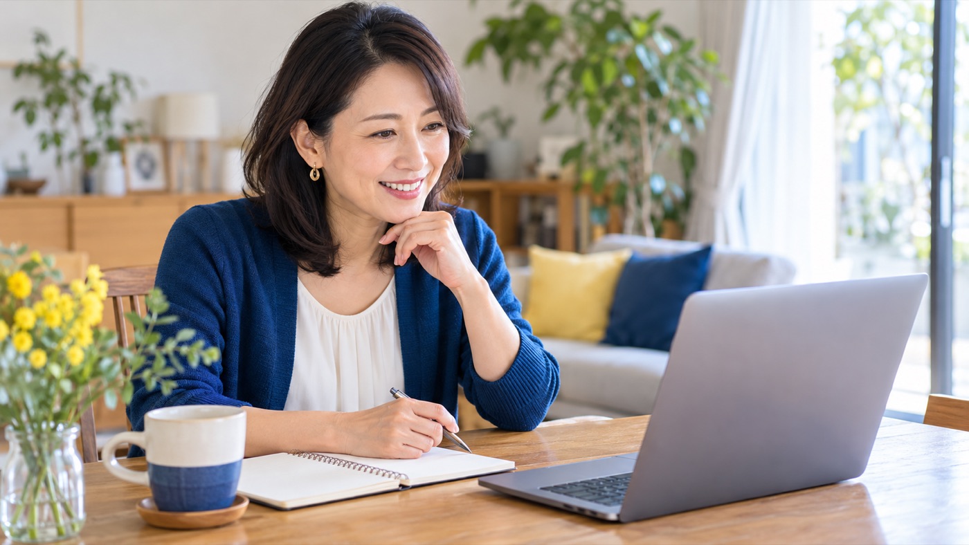 自宅からビデオ通話で無料カウンセリングを受け、安心した表情の女性