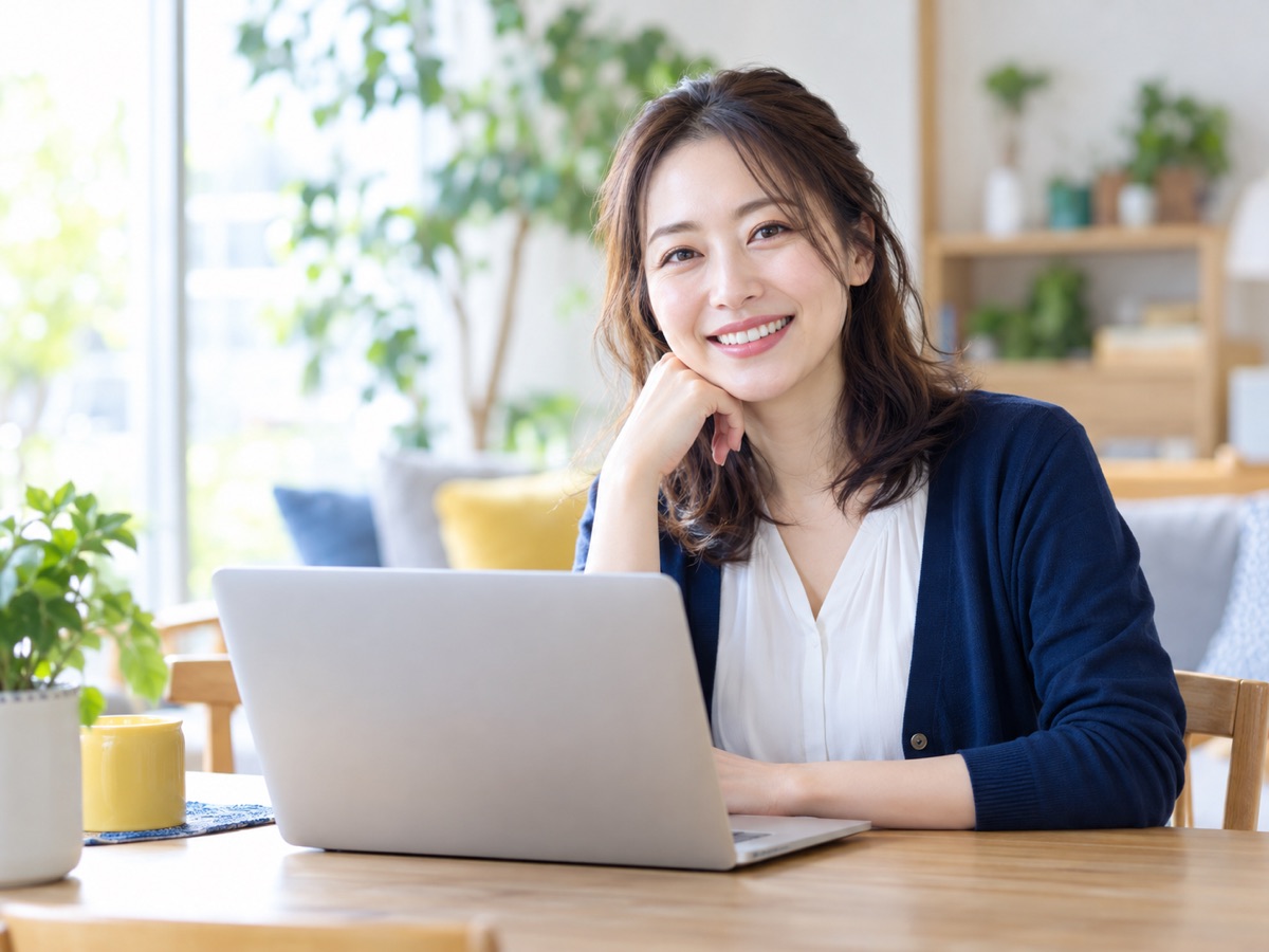 自宅のリビングでノートPCを開き、笑顔を見せる女性